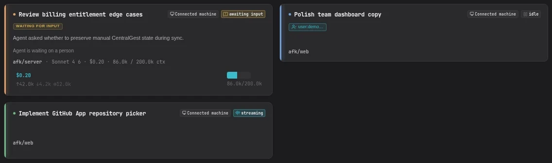 Concurrent AFK sessions, including work awaiting input. Demo data.
